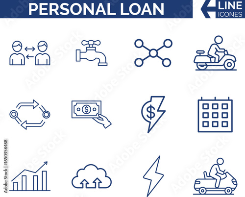 Modern Finance and Personal Loan Icon Set. Banking, Credit, Debt, Borrowing, Repayment, Money, Mortgage, Interest Rate, Credit, Cash Loan, Installment Icon Vector.