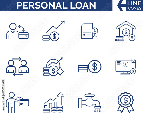 Modern Finance and Personal Loan Icon Set. Banking, Credit, Debt, Borrowing, Repayment, Money, Mortgage, Interest Rate, Credit, Cash Loan, Installment Icon Vector.