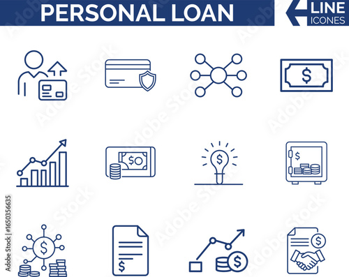 Modern Finance and Personal Loan Icon Set. Banking, Credit, Debt, Borrowing, Repayment, Money, Mortgage, Interest Rate, Credit, Cash Loan, Installment Icon Vector.