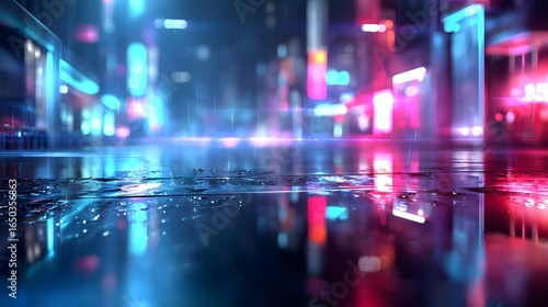Futuristic neon cyberpunk cityscape with vibrant blues and pinks, glowing lights, glossy metallic surfaces, subtle rain, shallow depth with bokeh, ideal tech background