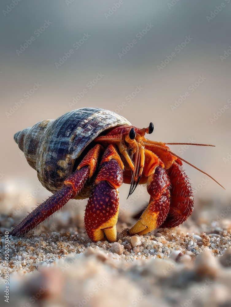 closeup of a hermit crab on a sandy beach with blurry background highlighting its vibrant shell and claws in natural sunlight closeup of a hermit crab on a sandy beach with blurry background highlighting its vibrant shell and claws in natural sunlight