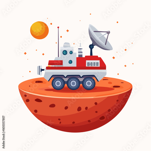 Flat vector icon of a robotic rover exploring Mars surface, symbolizing space missions, planetary exploration, and future technology.