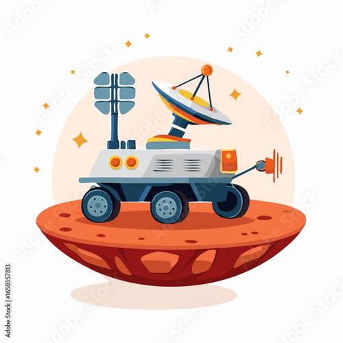 Flat vector icon of a robotic rover exploring Mars surface, symbolizing space missions, planetary exploration, and future technology.