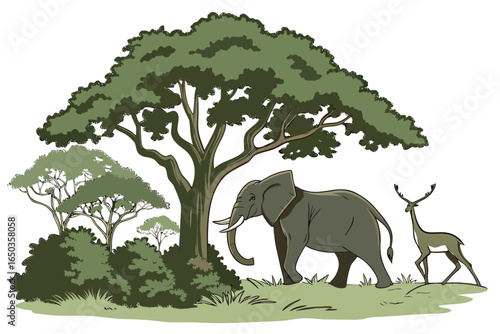 Natural Forest Scene with Elephants and Deer Illustration. Wildlife Forest Scene Featuring Elephants and Deer. Elephant and Deer Scene in Natural Forest Landscape. Forest Wildlife Illustration with