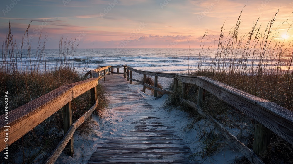 Obraz premium boardwalk on beach at sunrise no logos no brands ar 169
