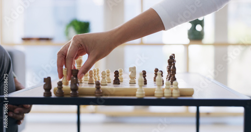 Foto Chess, hand and strategy with business person in office for competition or mental aptitude
