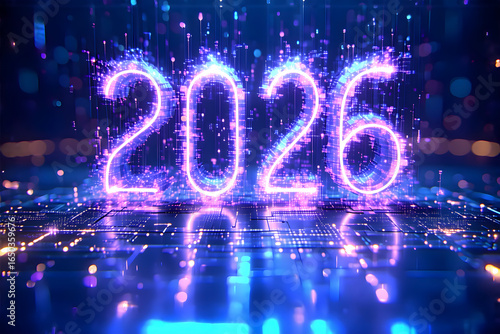 Futuristic Neon 2026 Display with Sparkling Lights on High-Tech Background for New Year Celebrations