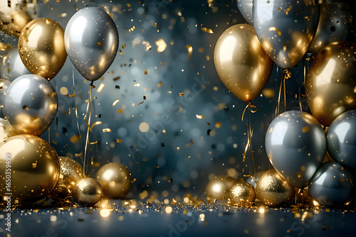 Glamorous Celebration Scene with Gold and Silver Balloons and Confetti Background
