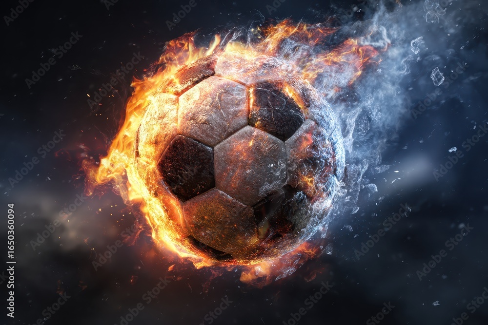 Fototapeta premium Fiery soccer ball bursting through ice in a dynamic, visually striking explosion, perfect for sports enthusiasts and creative wallpaper design