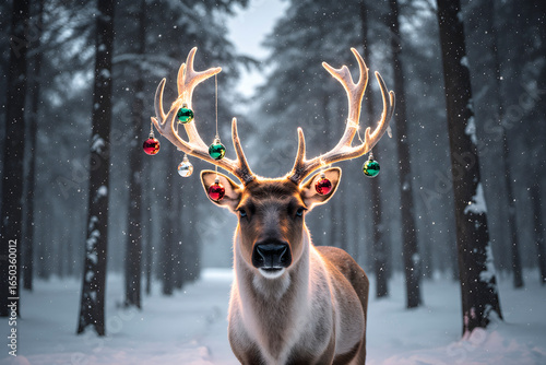 Magical Winter Scene Featuring a Decorated Reindeer with Christmas Ornaments in a Snowy Forest
