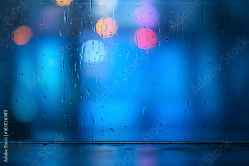 Rainy Window with Vibrant City Lights in the Background Creating a Soothing Atmosphere