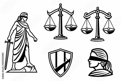 Set of justice and law icons isolated on white background