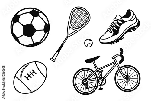 Sport equipment icons isolated on white background for fitness and exercise