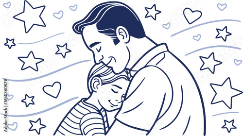 Tender father and son embrace, heartwarming line art illustration; stars, hearts, gentle waves; loving, peaceful, family bond; perfect for Father's Day, family, and children's themes.