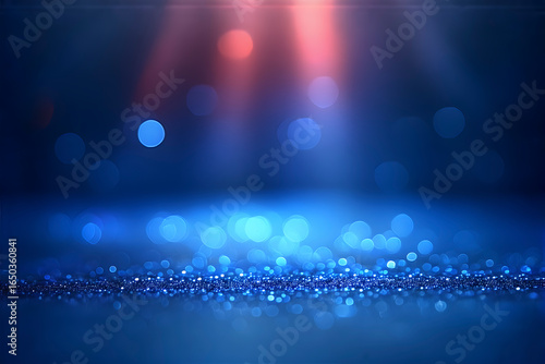 Stunning Blue Glittering Background with Soft Bokeh Lights and Gentle Rays of Light