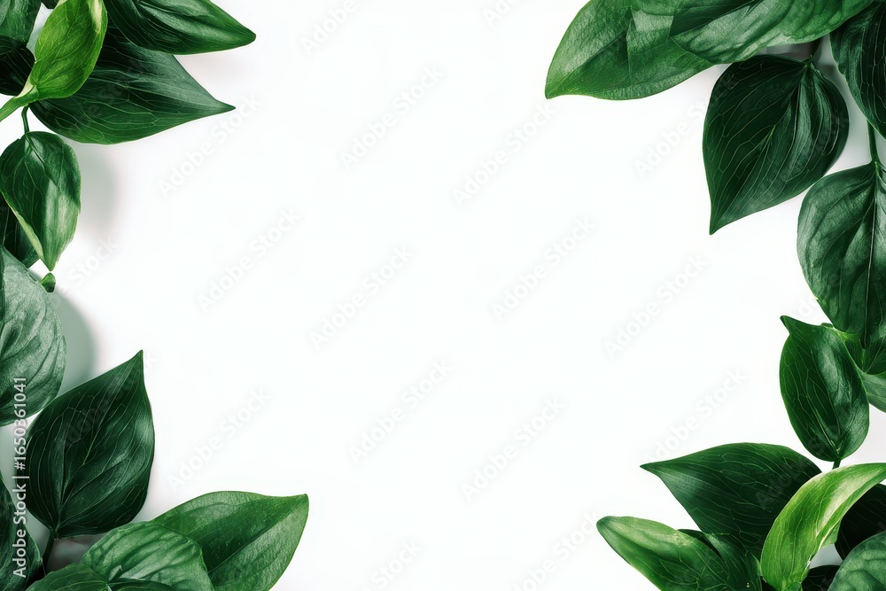 Fototapeta premium Green tropical leaves frame a clean white background for a fresh and vibrant look in decorative design and creative projects