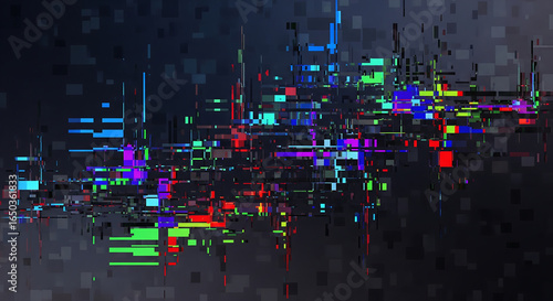 Dynamic abstract digital glitch art portraying a mesmerizing visual symphony of fractured data and pixelated chaos, embodying modern technological disruption and artistic expression.