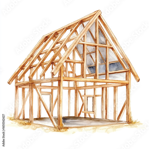a cute construction newly framed wooden house