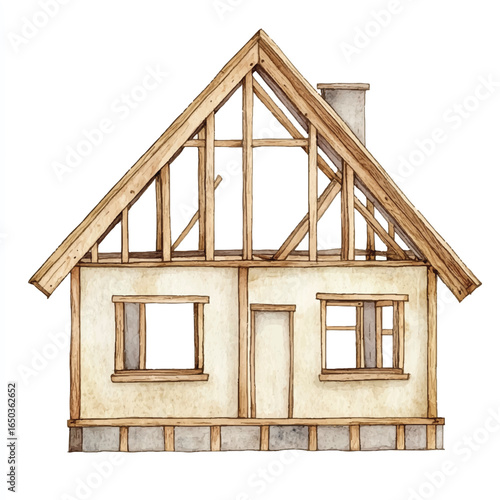 a cute construction newly framed wooden house