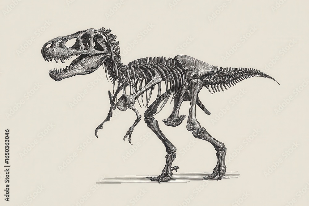 Fototapeta premium Detailed illustration of a vintage T Rex skeleton showcasing the majestic structure and design of this iconic dinosaur in a scientifically accurate manner