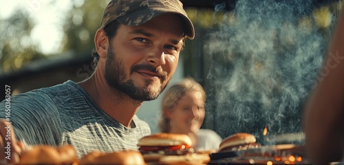 A veteran flipping burgers at a cookout, with family enjoying the background, creating a warm, nostalgic scene, 8k, realistic