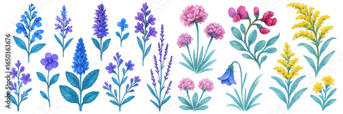 A colorful collection of blooming flowers featuring various shapes and hues, vibrant and lively.