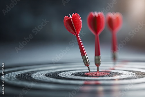 Three red darts precisely hitting a target center