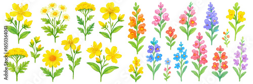 A vibrant assortment of colorful flowers showcasing yellows, pinks, and blues in a joyful arrangement.
