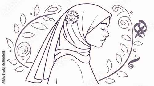 Serene Muslim Woman Profile: Elegant Line Art Illustration with Floral Ornamentation, Peaceful Mood,  Headscarf Detail, and Symbolic Design Elements.