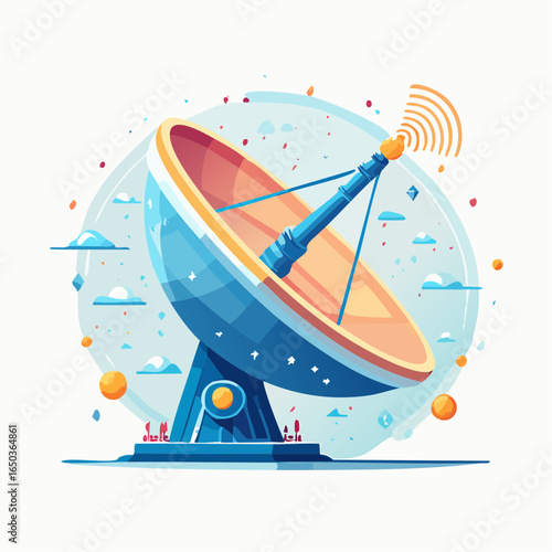 Flat style vector icon of a satellite dish capturing signals from space, symbolizing astronomy communication and research.