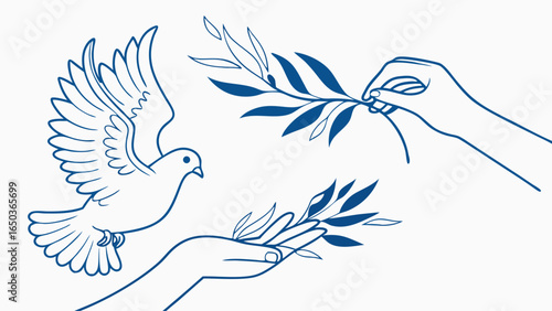Serene Blue Line Art Illustration: Dove, Olive Branches, and Hands Offering Peace, Symbolizing Hope, Tranquility, and Reconciliation; Minimalist Design.