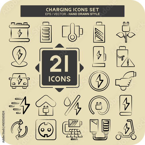 Icon Set Charging. related to Education symbol. hand drawn style. design editable