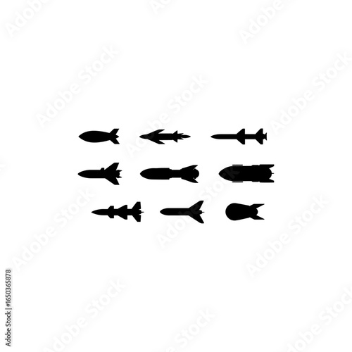 Guided missile weapon or ballistic rocket weapons with booster flat and line vector icon set