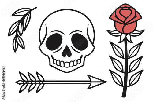 Hand drawn set of Tattoo style skull rose and arrow illustration on white background leaves