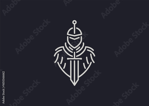 A strong minimalist medieval knight logo in line art style, symbolizing honor, bravery, and chivalry.