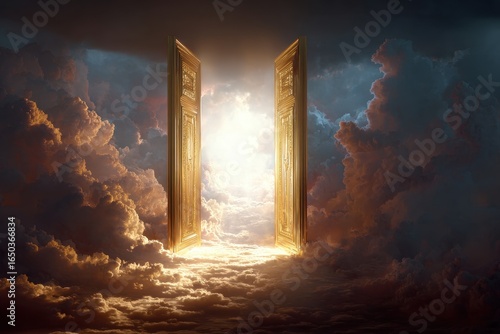 Entering a realm of light through golden gates surrounded by vibrant clouds at dawn