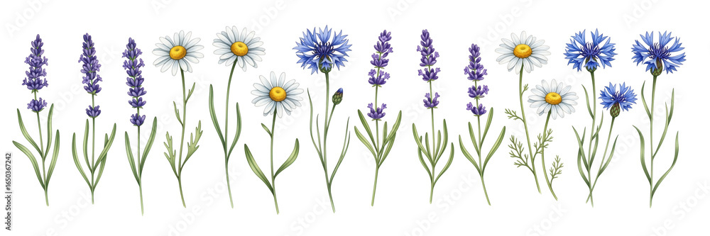Fototapeta premium A vibrant display of colorful flowers, including daisies and lavender, creating a cheerful garden scene.