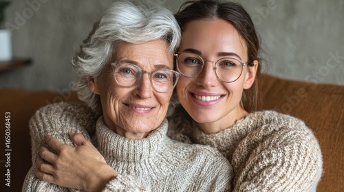 portrait of old grandma and adult granddaughter hugging with love on sofa while looking at camera happy young woman with eyeglasses hugging from behind older grandma with spectacles generation family