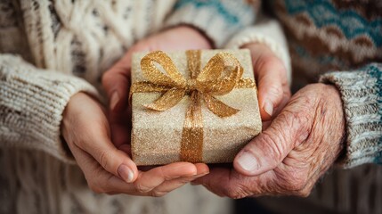 closeup of hands of senior and young woman holding a present at christmas no logos no brands ar 169