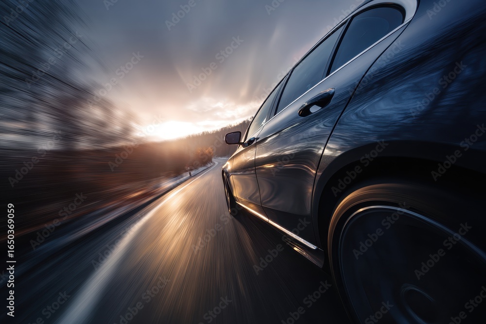 Obraz premium Car drives smoothly along an open road at sunset with a beautiful blend of clouds and warm colors illuminating the sky
