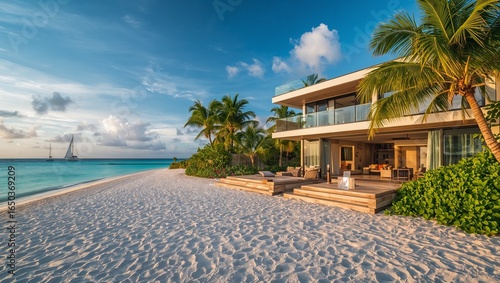 Stunning luxury beach house in the Caribbean, with turquoise ocean waters and powdery white sand in the foreground, surrounded by lush green palm trees and vibrant tropical flora.