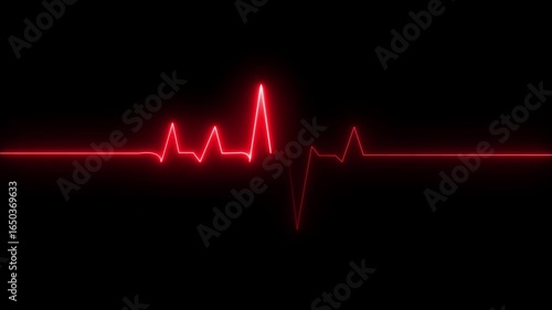 Abstract heartbeat and pulse animation on black background, futuristic ECG waveform, medical technology visualization, glowing neon heart monitor,