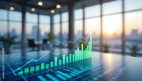 Modern business office with finance chart, data, analytics, investment growth