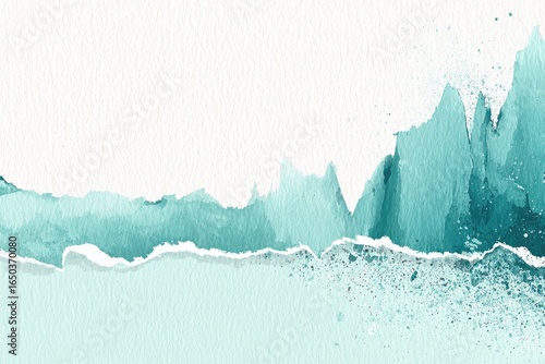 Abstract teal watercolor landscape on textured paper with torn edges