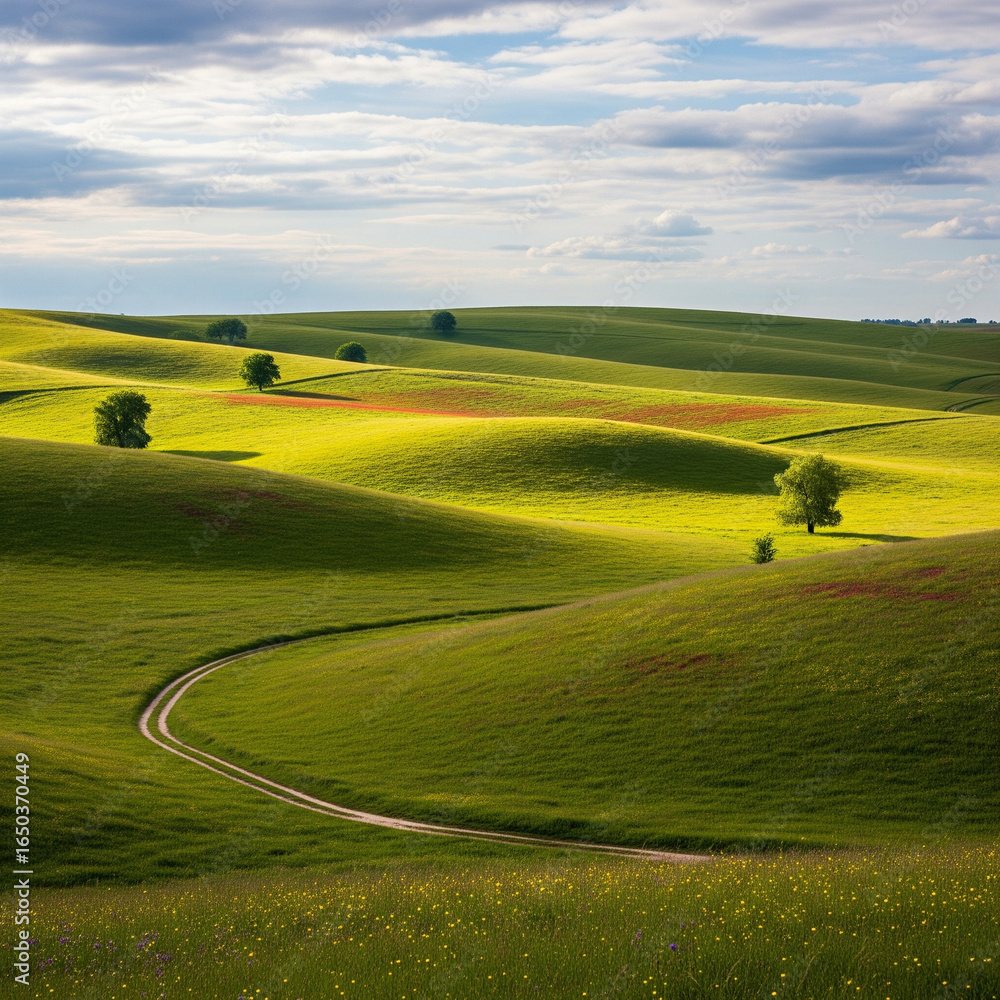 Obraz premium Green field landscape with blue sky countryside viewGreen field landscape with blue sky countryside viewGreen field landscape with blue sky countryside view