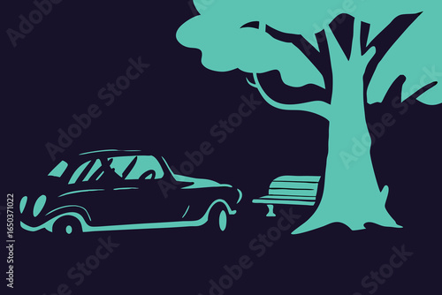 Hand drawn set of Vintage car parked under a tree with a bench in a park classic car automobile