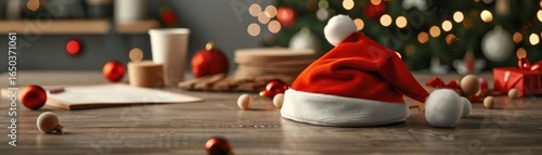 A Christmas-themed craft table with supplies and decorations