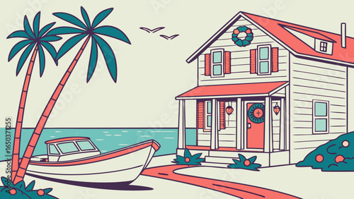 Illustration of a beach house with a boat, palm trees, and birds in a cartoon style landscape view