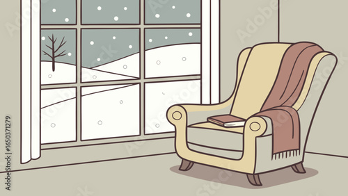 Cozy interior scene with armchair and book near window showing snowy landscape outside home in winter time