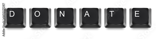 Donate Spelling Letter Computer Key vector. A stylized keyboard key featuring the letters D-O-N-A-T-E for a conceptual design about online giving, fundraising, and charity.